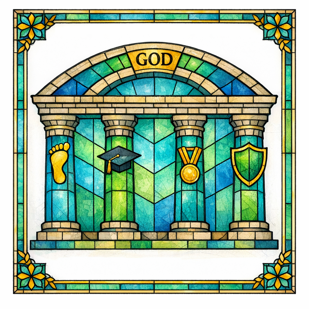 A stained-glass set of four pillars represents experience, expertise, authority, and trust supporting content.