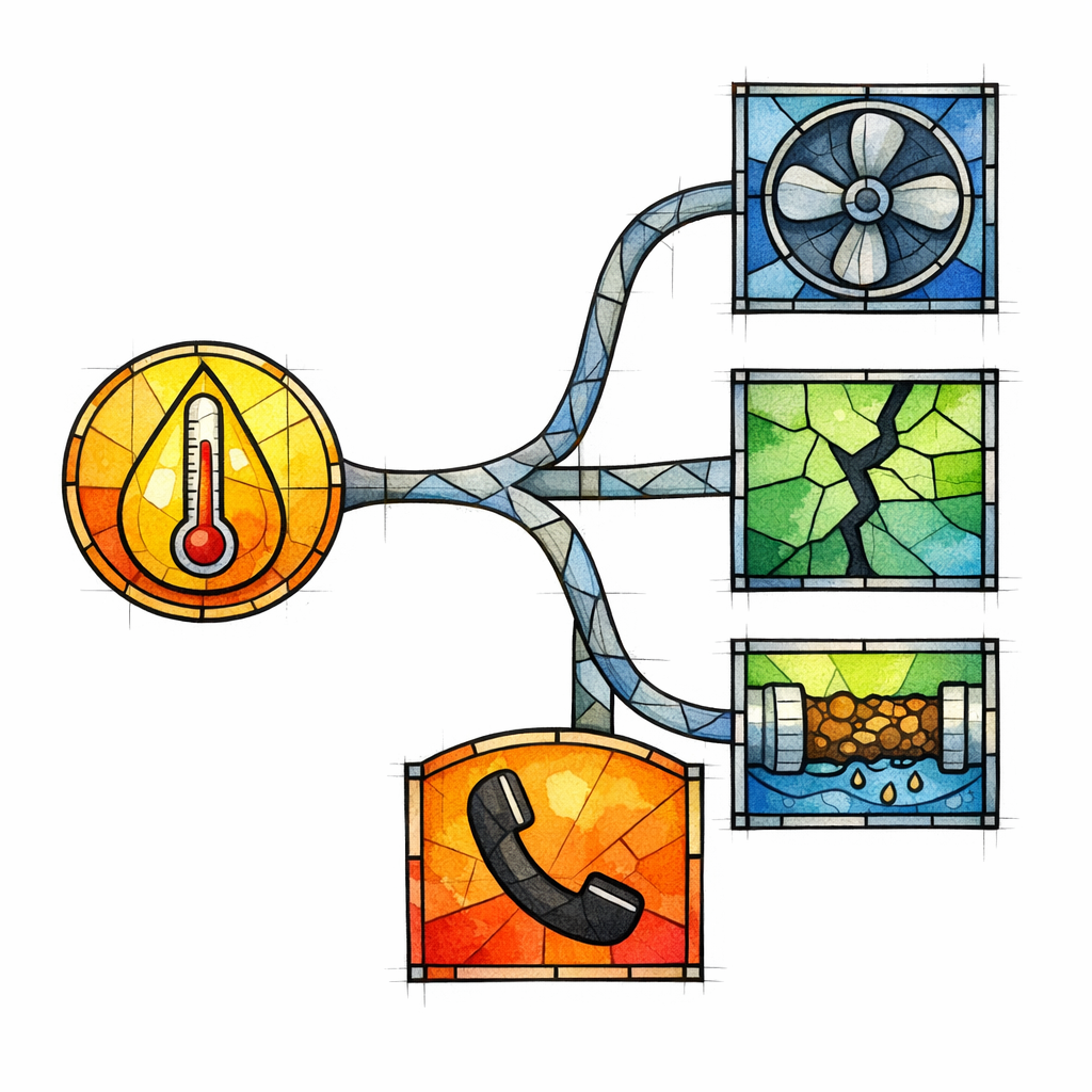 A stained-glass diagnostic path turns a symptom icon into causes and a safe next action.