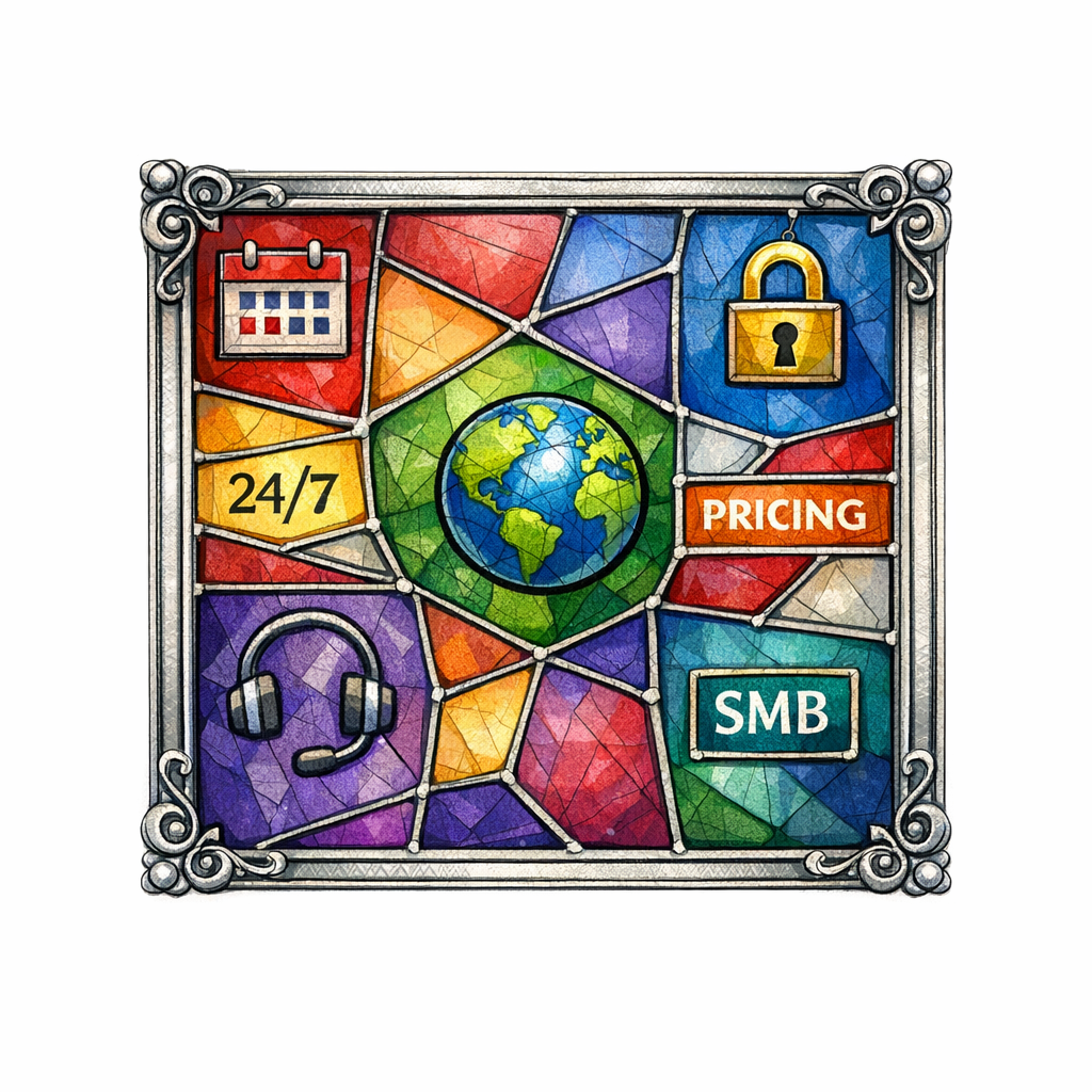 A stained-glass mosaic highlights intent modifiers like 24/7, pricing, and for small business as bright panes.