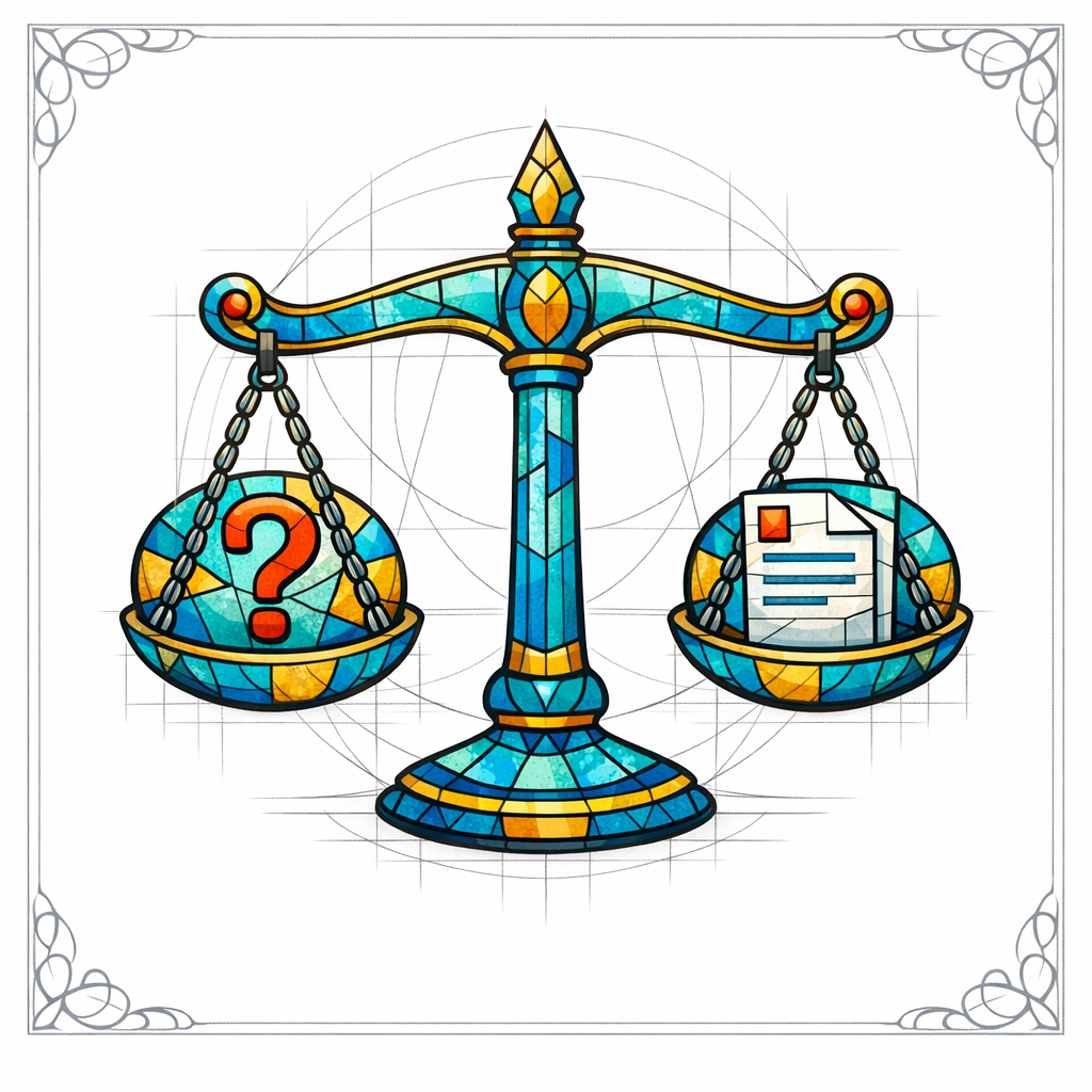 A stained-glass scale balances two panels to show nuanced answers and jurisdiction clarity.