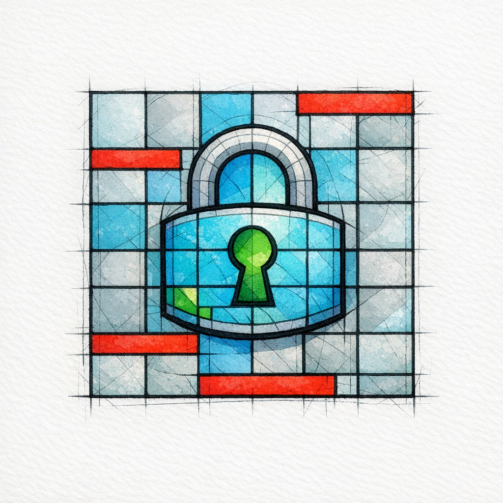 A stained-glass lock overlays anonymized data tiles to represent privacy-safe content and workflows.