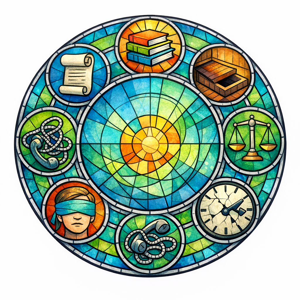 Seven small stained-glass icons in a circle depict common intake SEO mistakes like long forms and hidden disqualifiers.