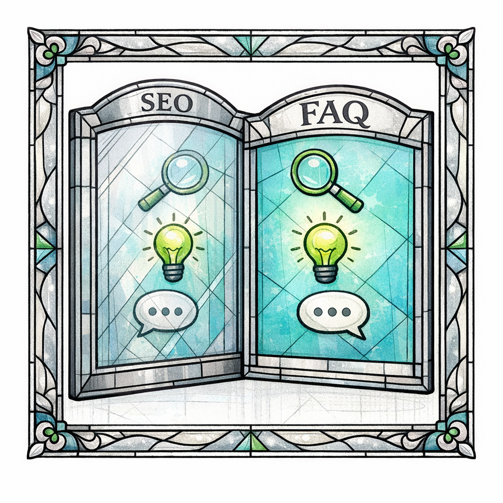 A stained glass mirror reflects an FAQ page pane, showing schema should match visible content.