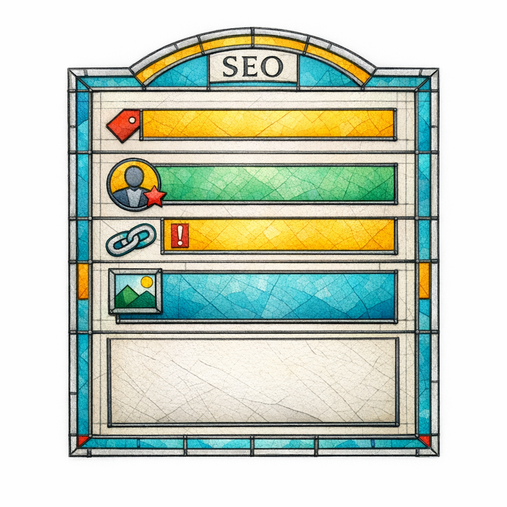 A stained-glass form template shows required fields as highlighted panes, indicating controlled publishing standards.