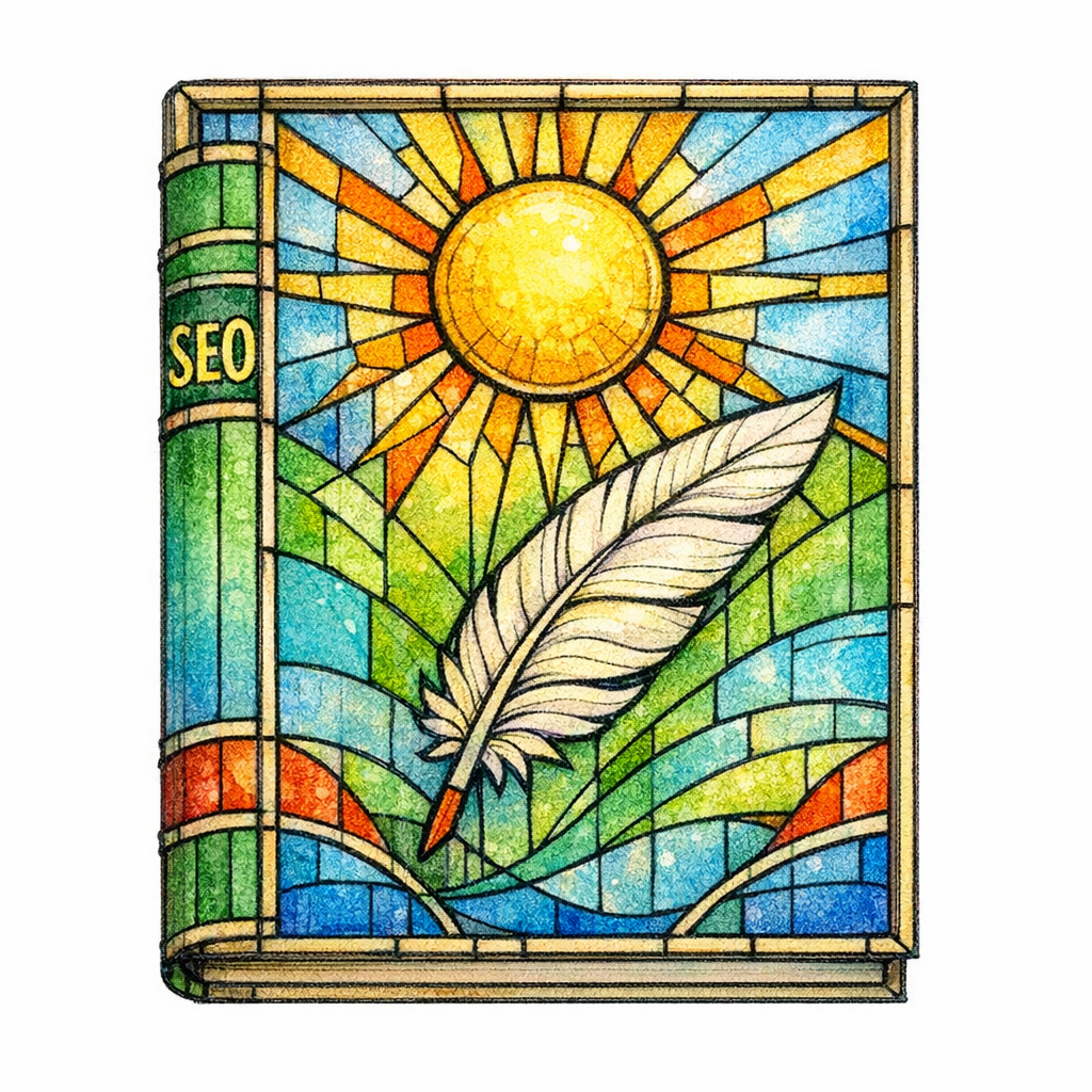 A stained-glass book cover illustration labeled SEO with ornate borders and glowing panes.