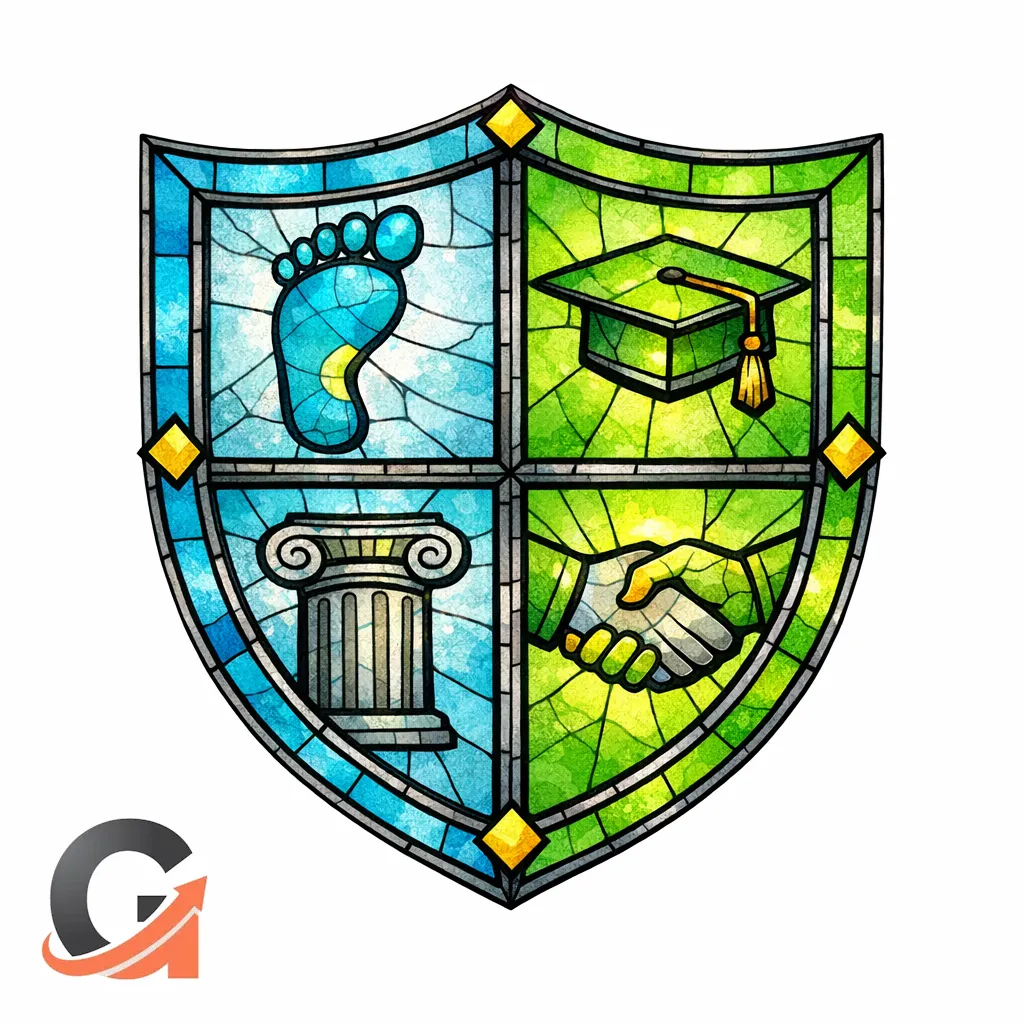 A stained-glass shield contains four panes for Experience, Expertise, Authority, and Trust with subtle symbolic icons.