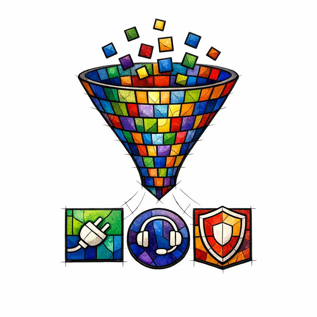 A stained-glass funnel filters options into a short shortlist to represent vendor comparison and qualification.