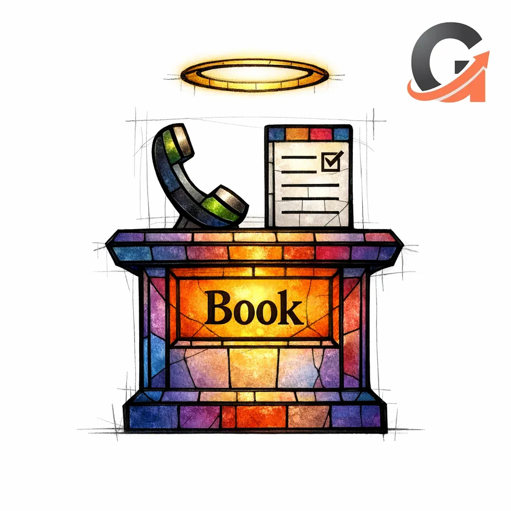 A stained-glass altar-like call-to-action block shows phone and form icons as the final step.