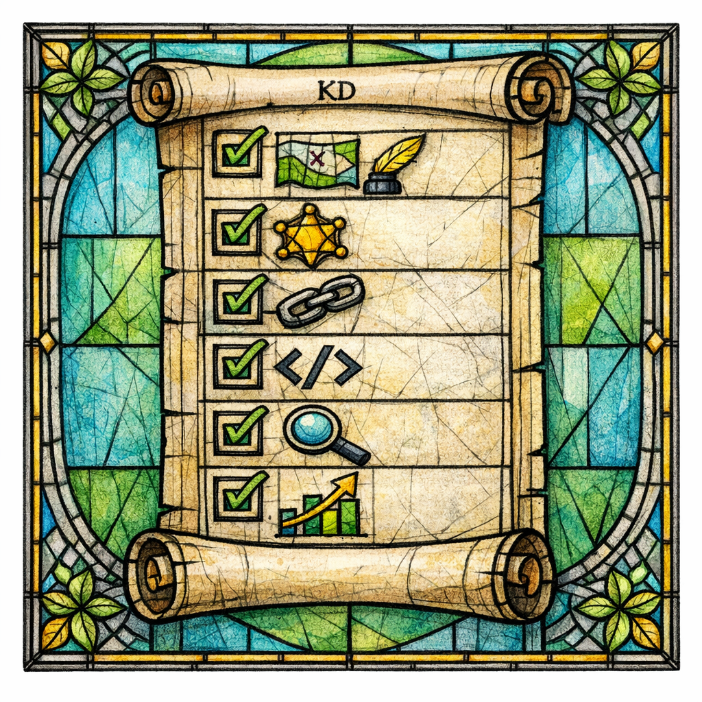 A stained-glass checklist scroll shows the steps to publish scalable service area pages responsibly.