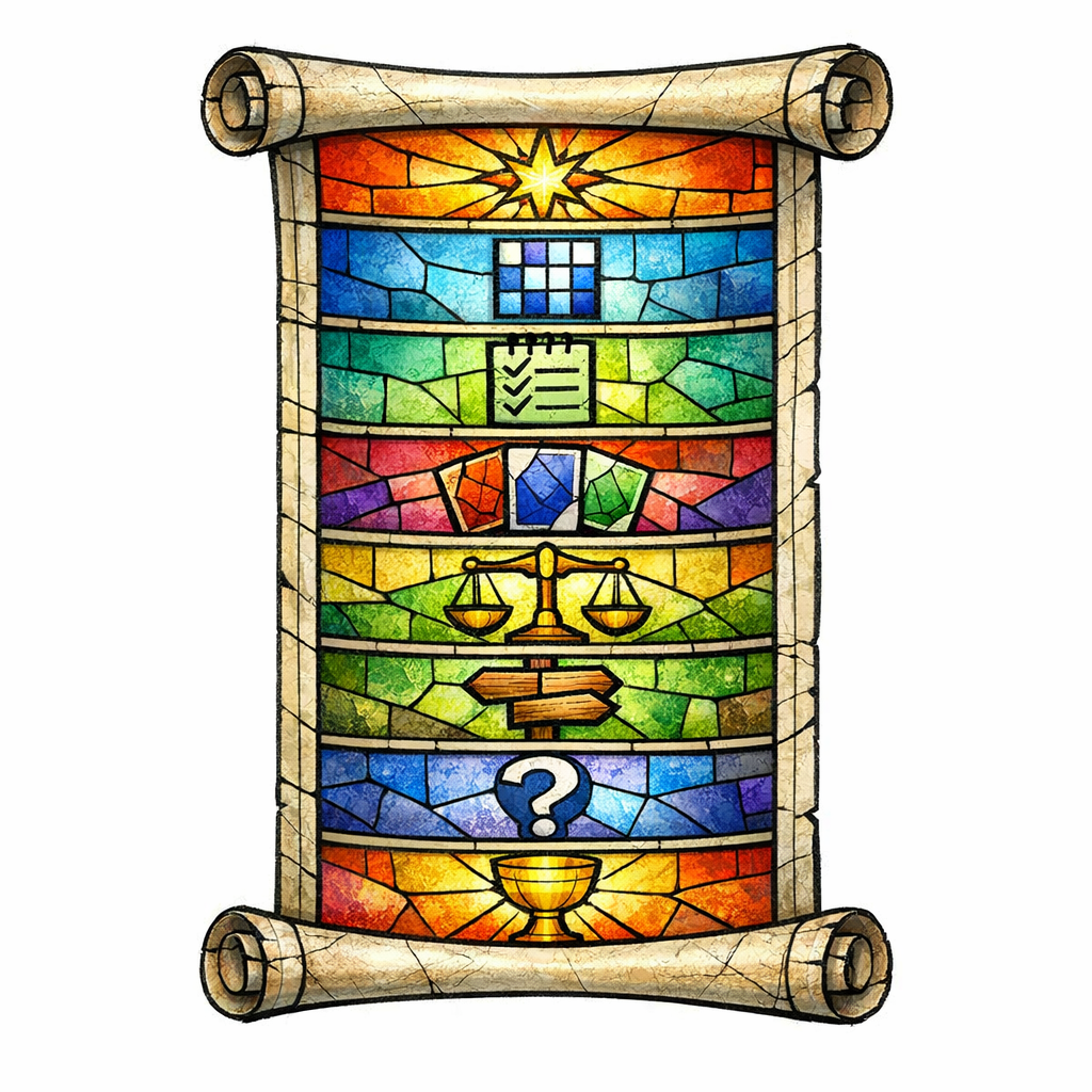A stained-glass scroll shows stacked sections from intro to FAQ, depicting the full ranking-and-converting outline.