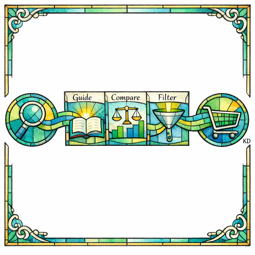 A stained-glass pipeline showing a query entering and a cart exiting with clarity in between.