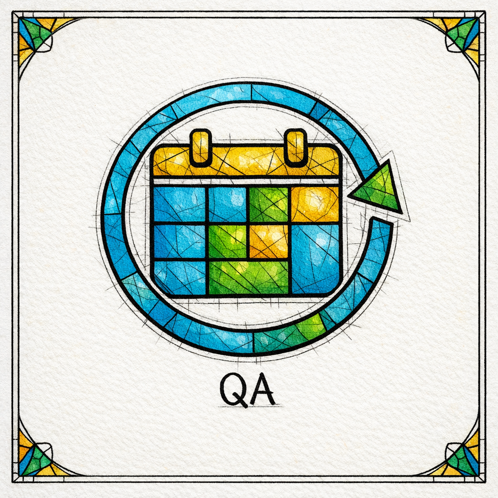 A stained-glass calendar with a circular arrow shows a recurring refresh cycle for integrations and pages.