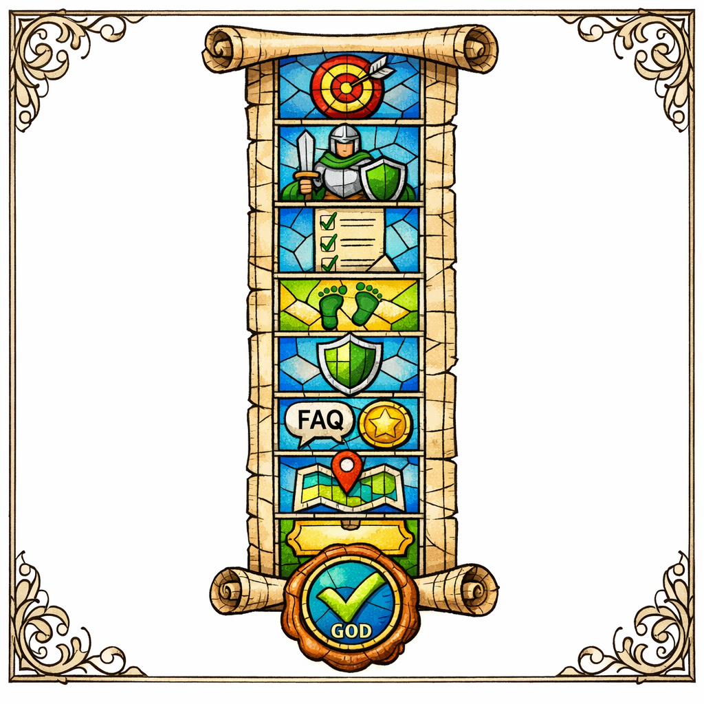 A stained glass scroll lists key blocks as icons in order, ending with a glowing checkmark seal.