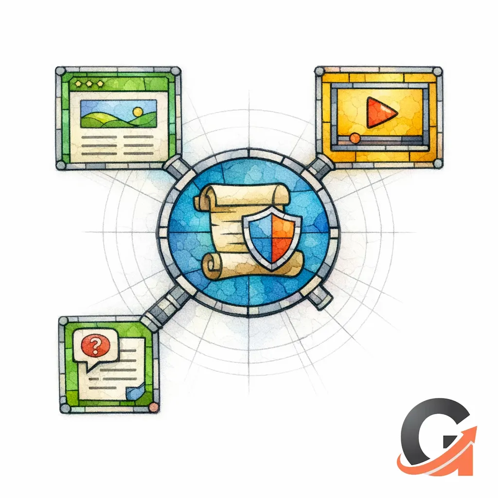 A stained-glass hub turns one brief into a blog, script, and short clip icons while keeping the same standards.