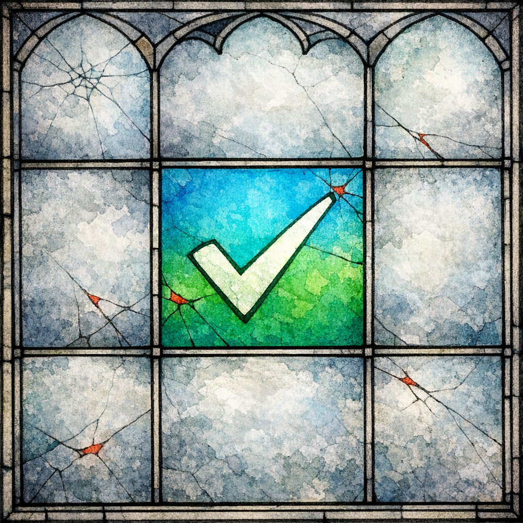 A stained-glass cracked window shows blurry shapes dissolving into fog, contrasted with one crisp pane.