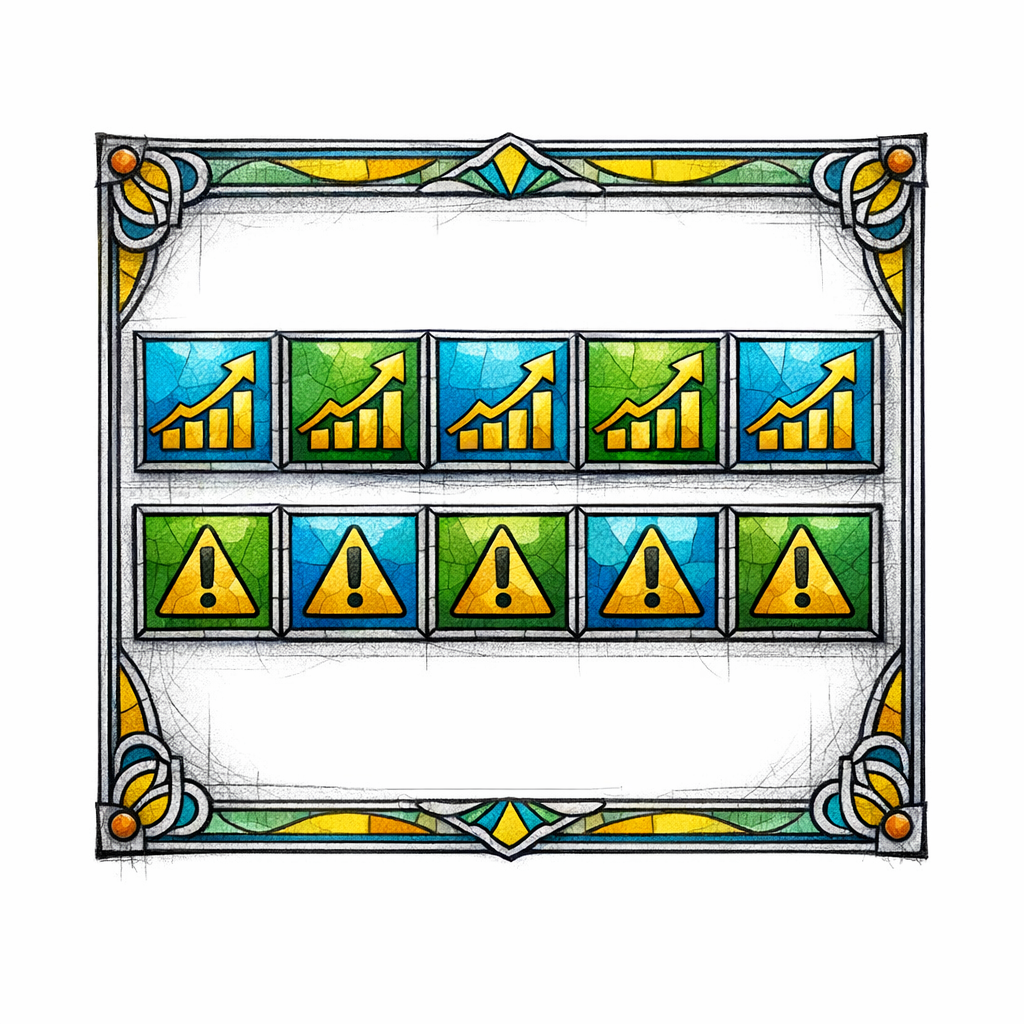 Ten stained-glass tiles line up as a sprint board, five marked traffic and five marked risk with icons.