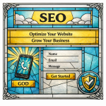 Stained glass hero panel highlights H1, value statement, call and form buttons, and a small trust badge.