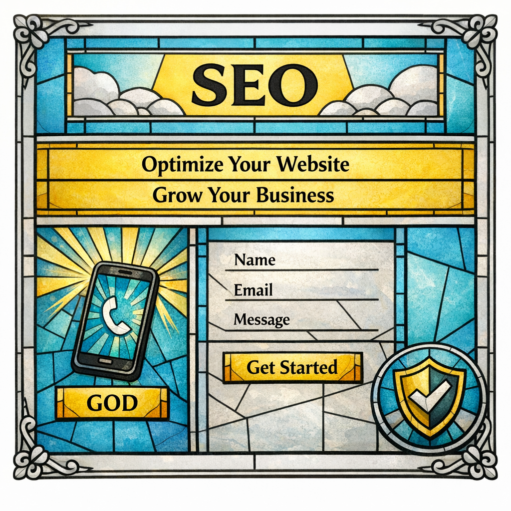 Stained glass hero panel highlights H1, value statement, call and form buttons, and a small trust badge.