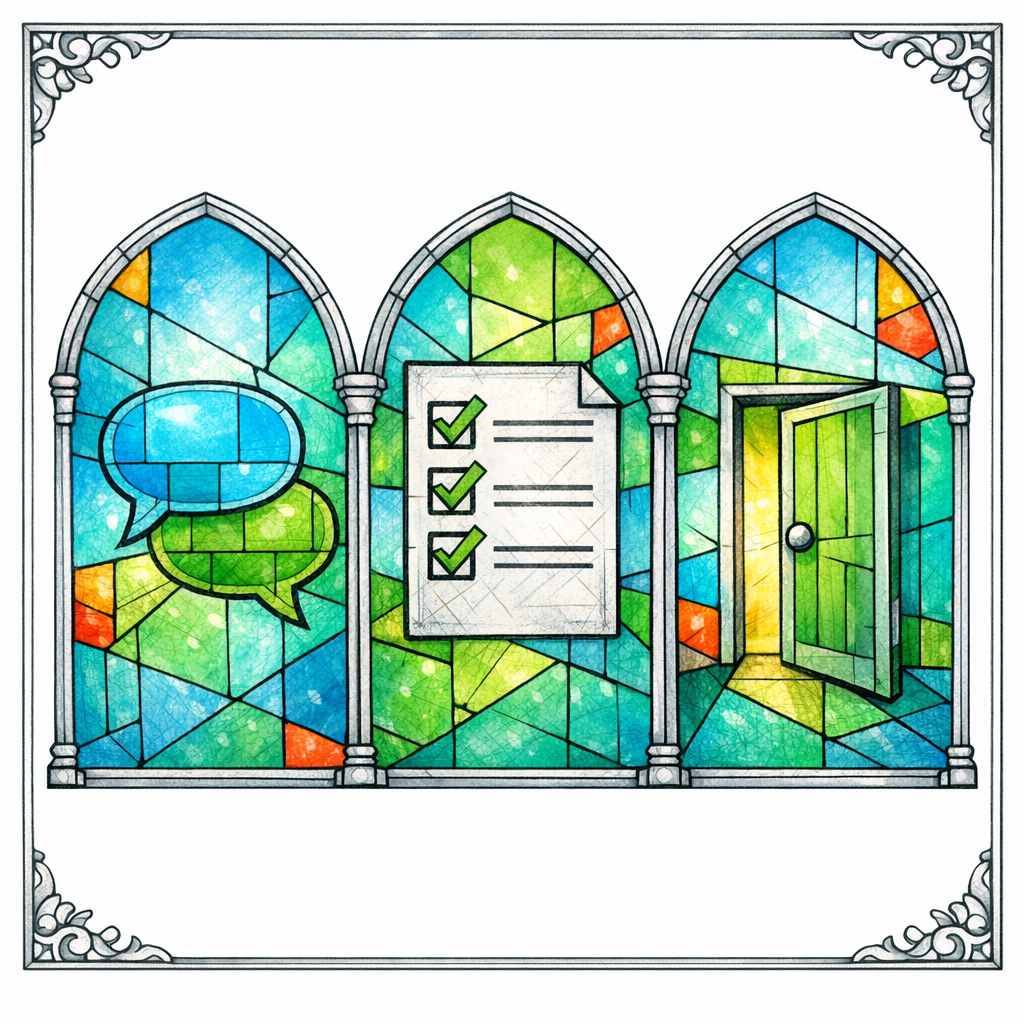 Three stained-glass panels depict the sequence: answer, qualify, then invite, as a simple page flow.