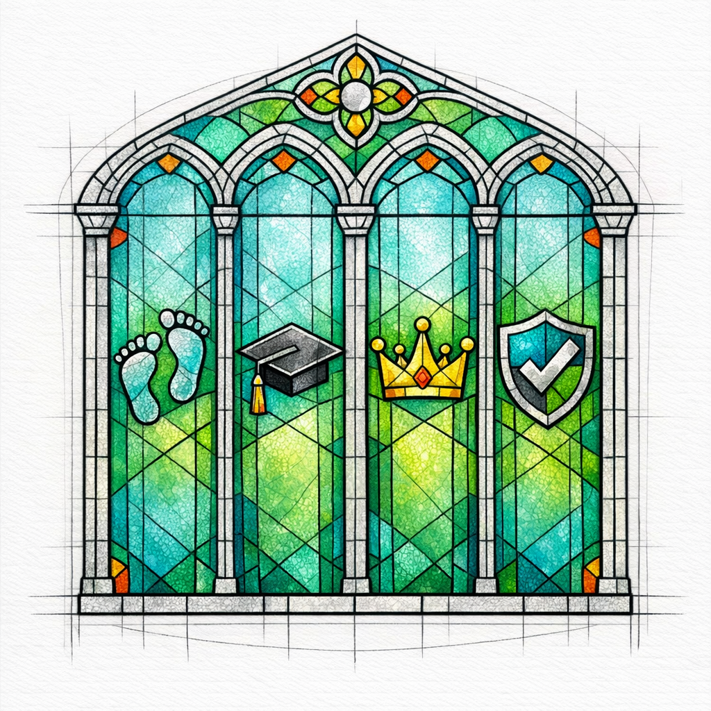 Four stained-glass pillars represent Experience, Expertise, Authority, and Trust in a cathedral window layout.