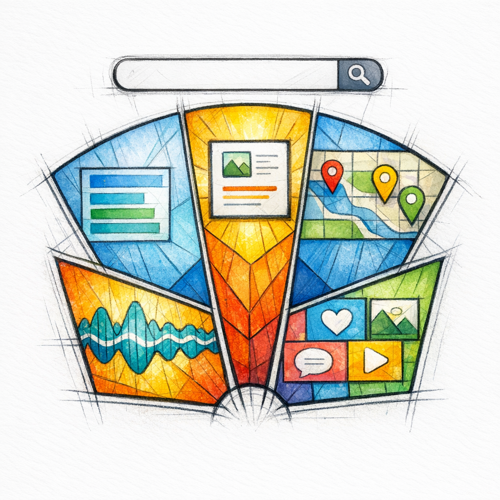 A single search box splits into multiple stained-glass panels showing different result surfaces.