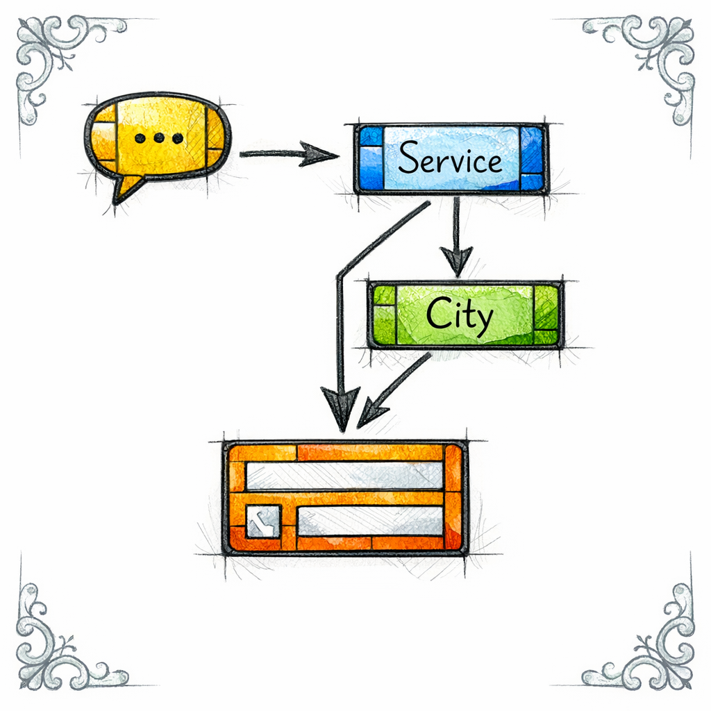 A stained-glass flowchart maps research intent to service and city pages ending at a booking block.