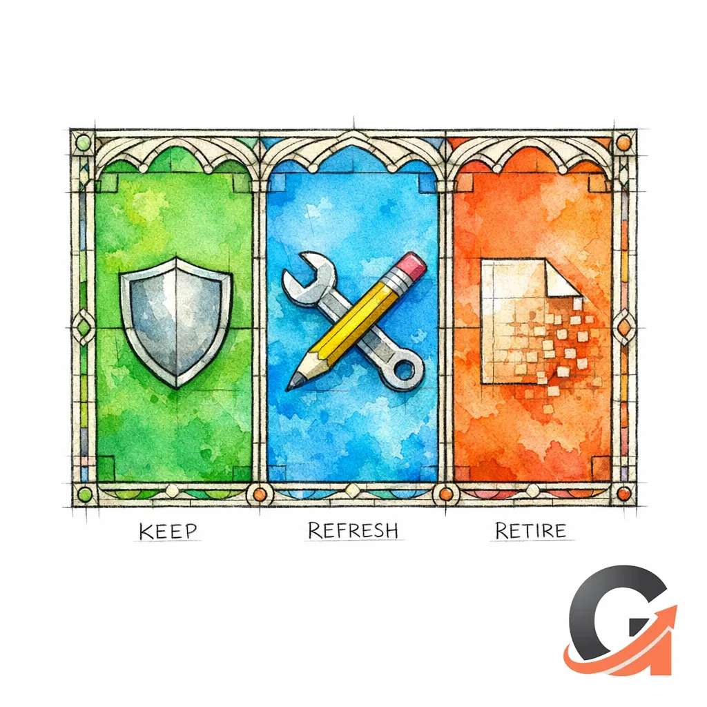 Three stained-glass panels sort posts into Keep, Refresh, and Retire with simple icons and color cues.