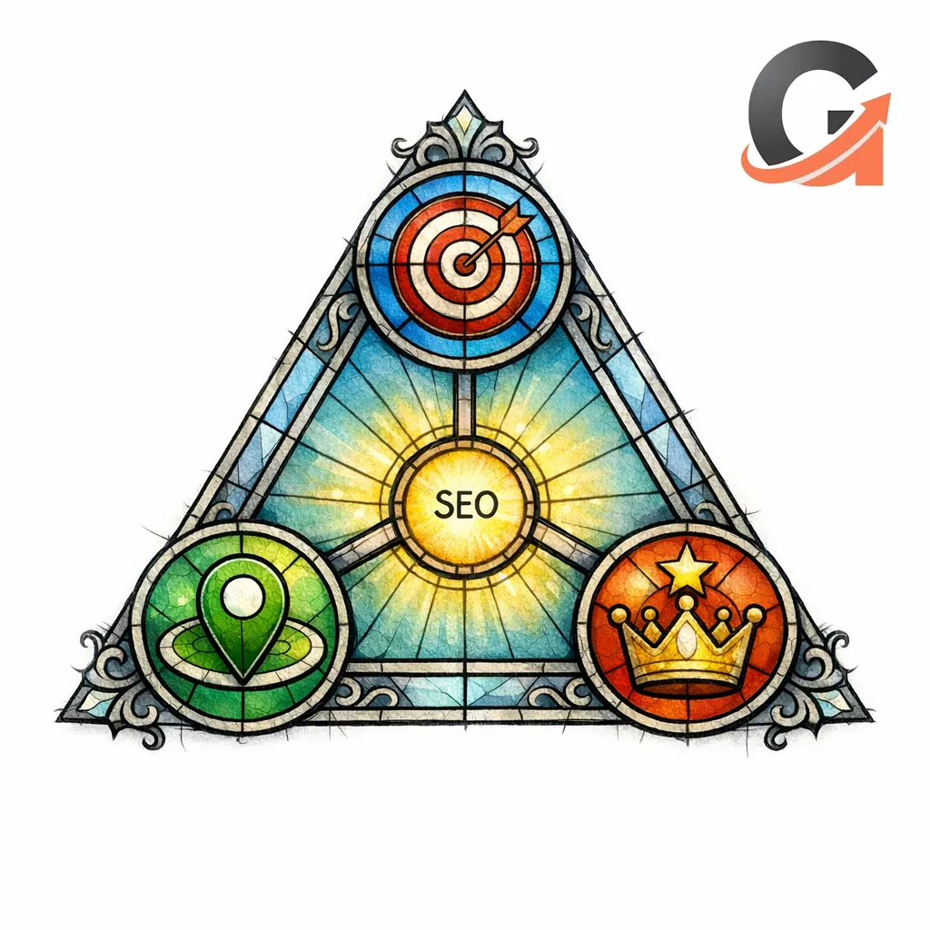 A stained-glass triangle shows relevance, distance, and prominence as three glowing pillars feeding local visibility.