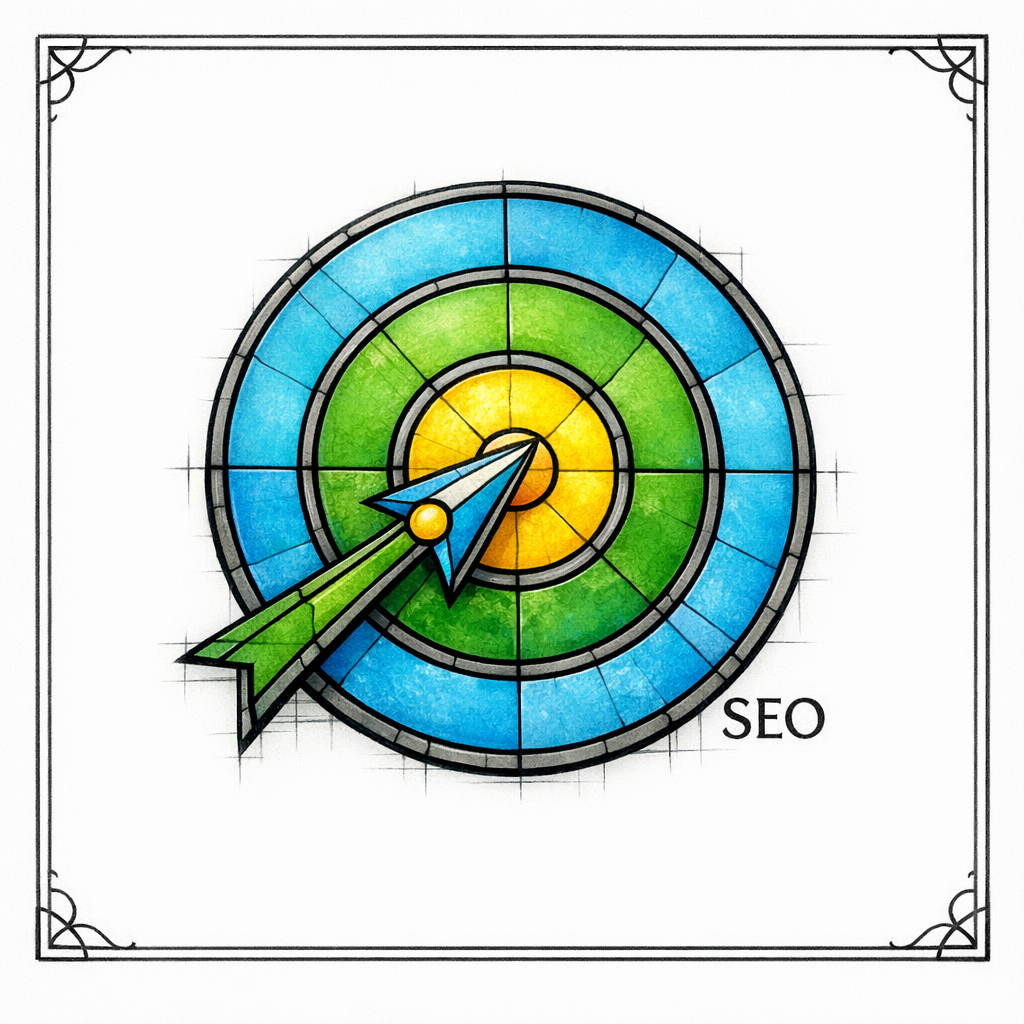 A stained-glass compass points to a single target to represent one page matching one clear search intent.