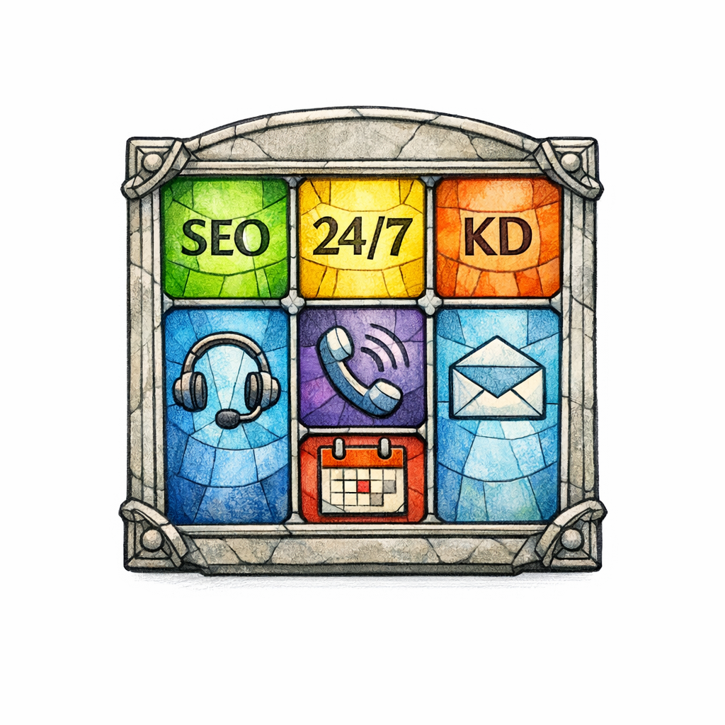 A stained-glass tablet lists core service pages as separate panes to show one page per intent.