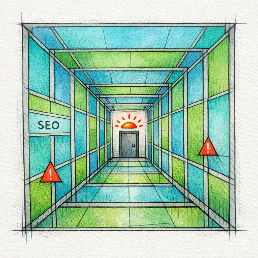 A stained-glass corridor of identical city pages funnels into one door as a cautionary doorway metaphor.