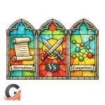 A stained-glass triptych shows Alternatives, Vs, and Competitors as three distinct panels for intent matching.
