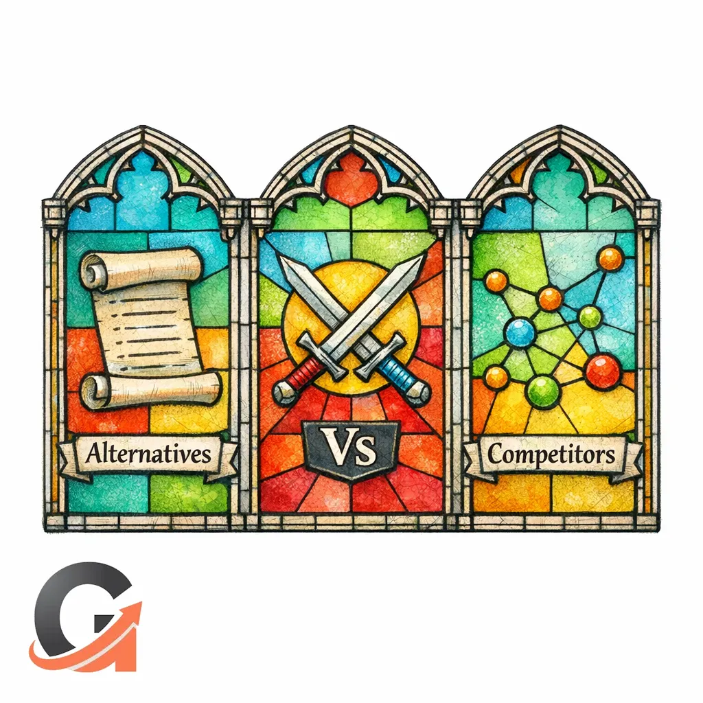A stained-glass triptych shows Alternatives, Vs, and Competitors as three distinct panels for intent matching.