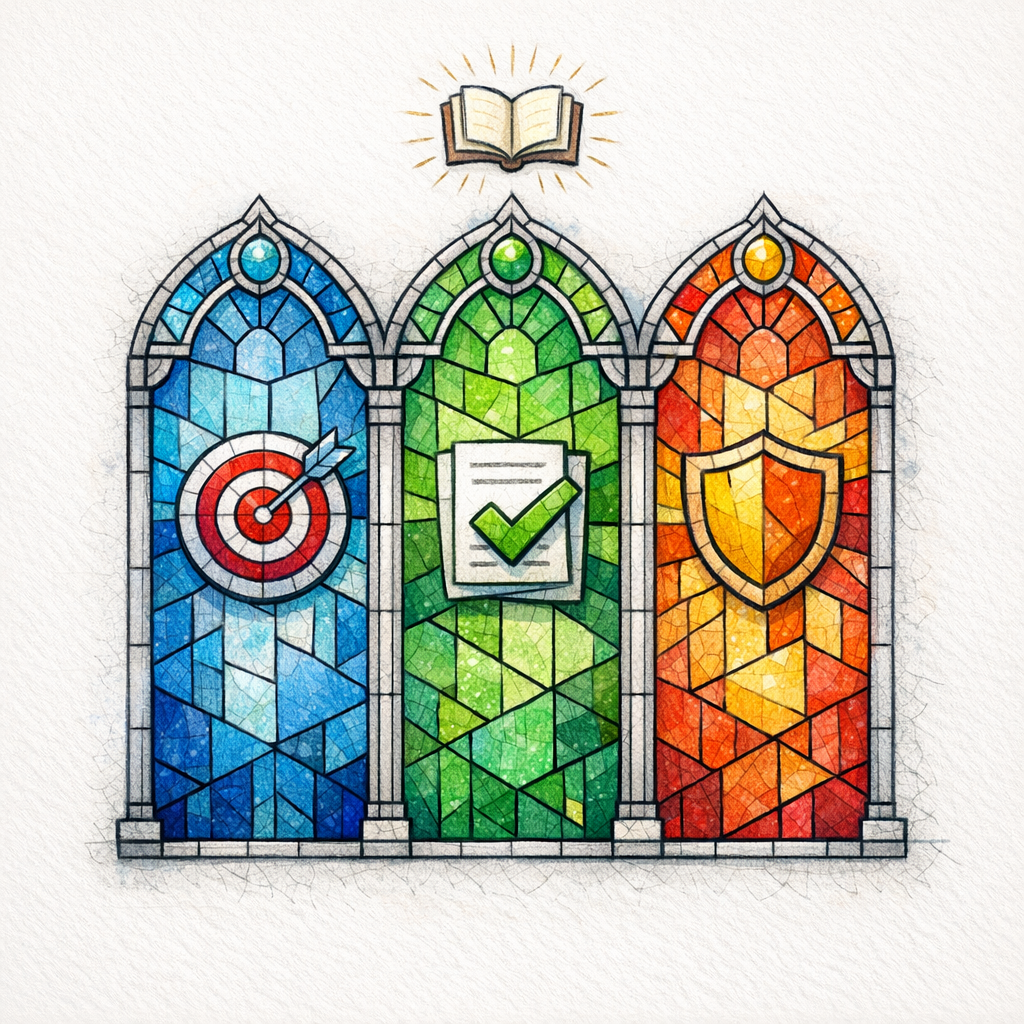 Three stained-glass pillars symbolize intent, evidence, and enforcement supporting a single shining page icon.