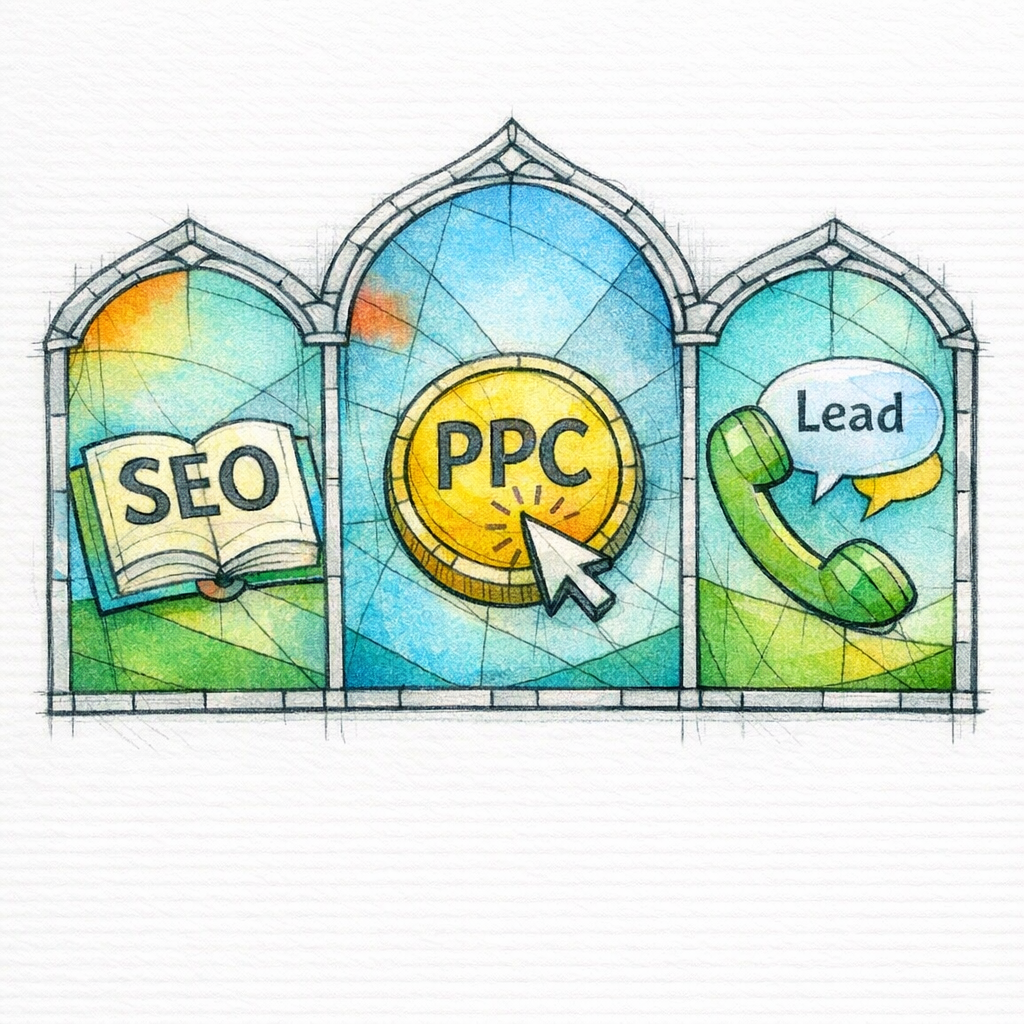 Three stained-glass icons show SEO as a book, PPC as a coin-click, and pay-per-lead as a ringing phone.