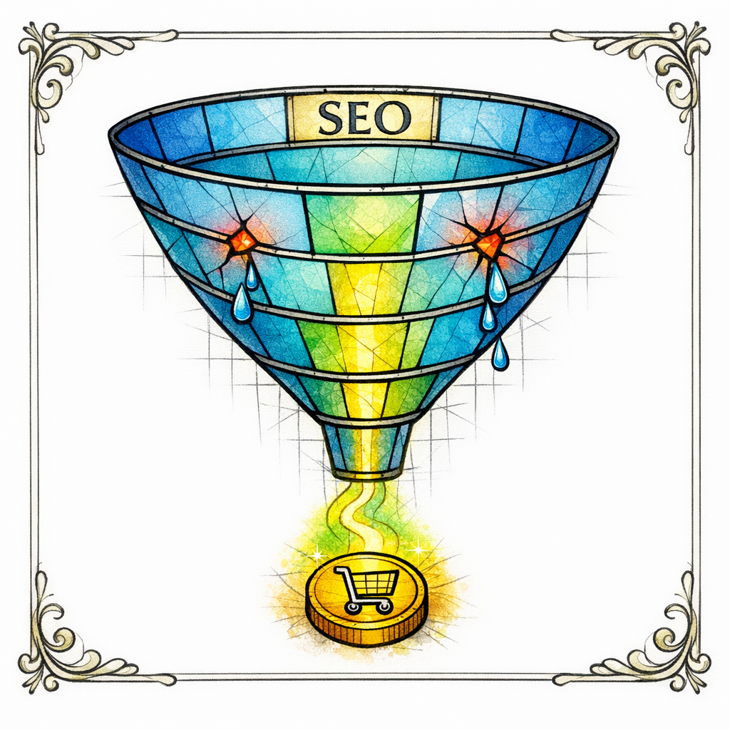 A stained-glass funnel with highlighted cracks showing where traffic leaks before purchase.