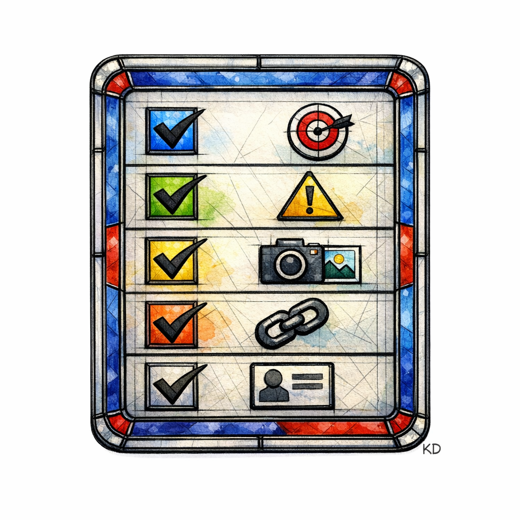 A stained-glass checklist shows five steps: pick service, build triangle, add proof, link, publish update.