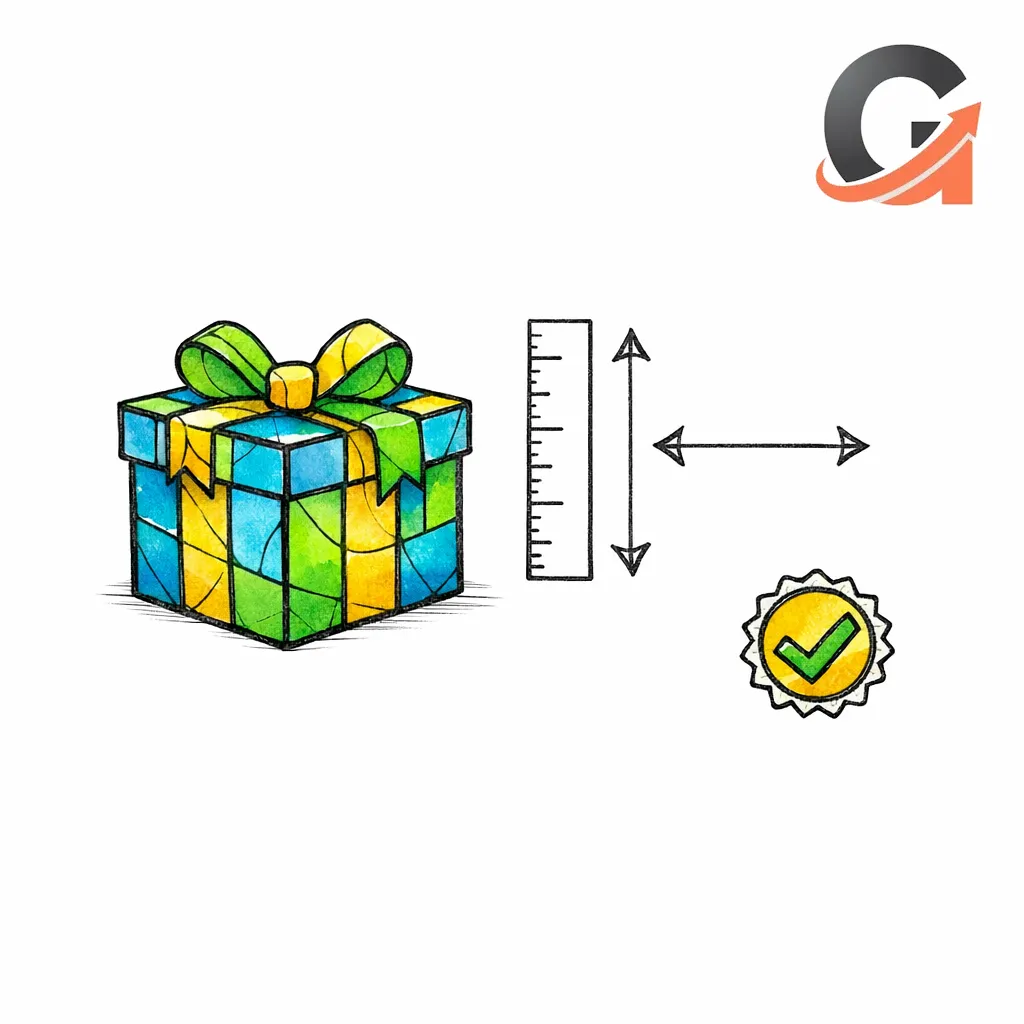 A stained-glass box and size ruler icon suggest buyer guidance that reduces uncertainty and returns.