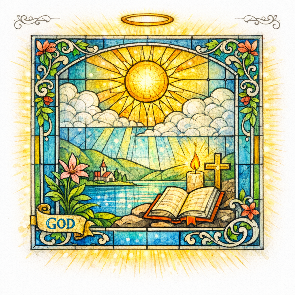 A stained-glass illuminated manuscript page glows as the single model article used to set quality and tone.