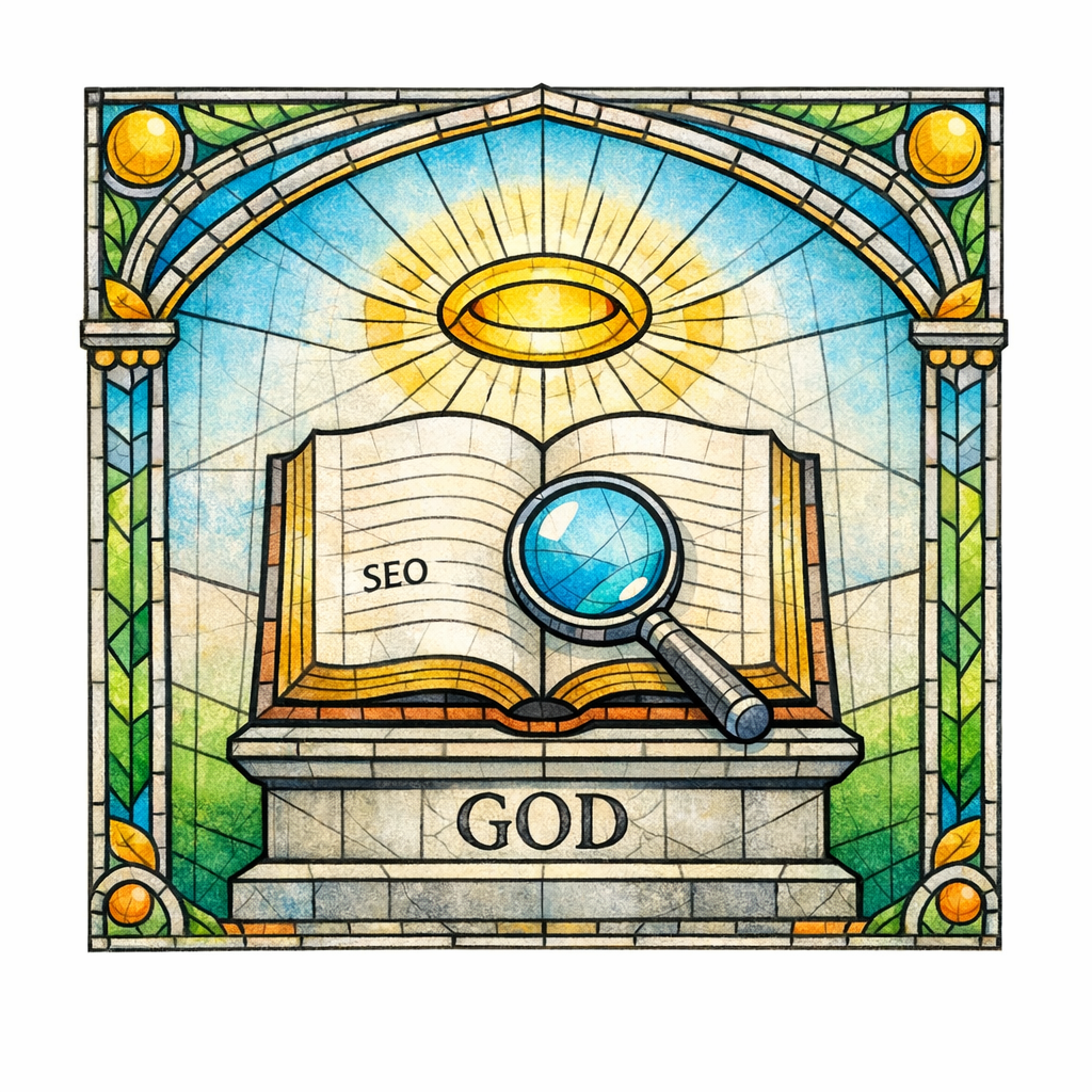 A stained glass open book and magnifier sit on an altar-like base, symbolizing an SEO audit and playbook.
