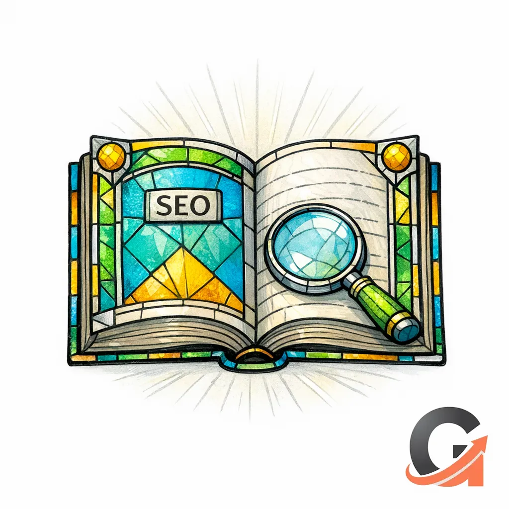 A stained-glass open book and magnifier hint at an SEO Bible and audit without using any logos or brands.