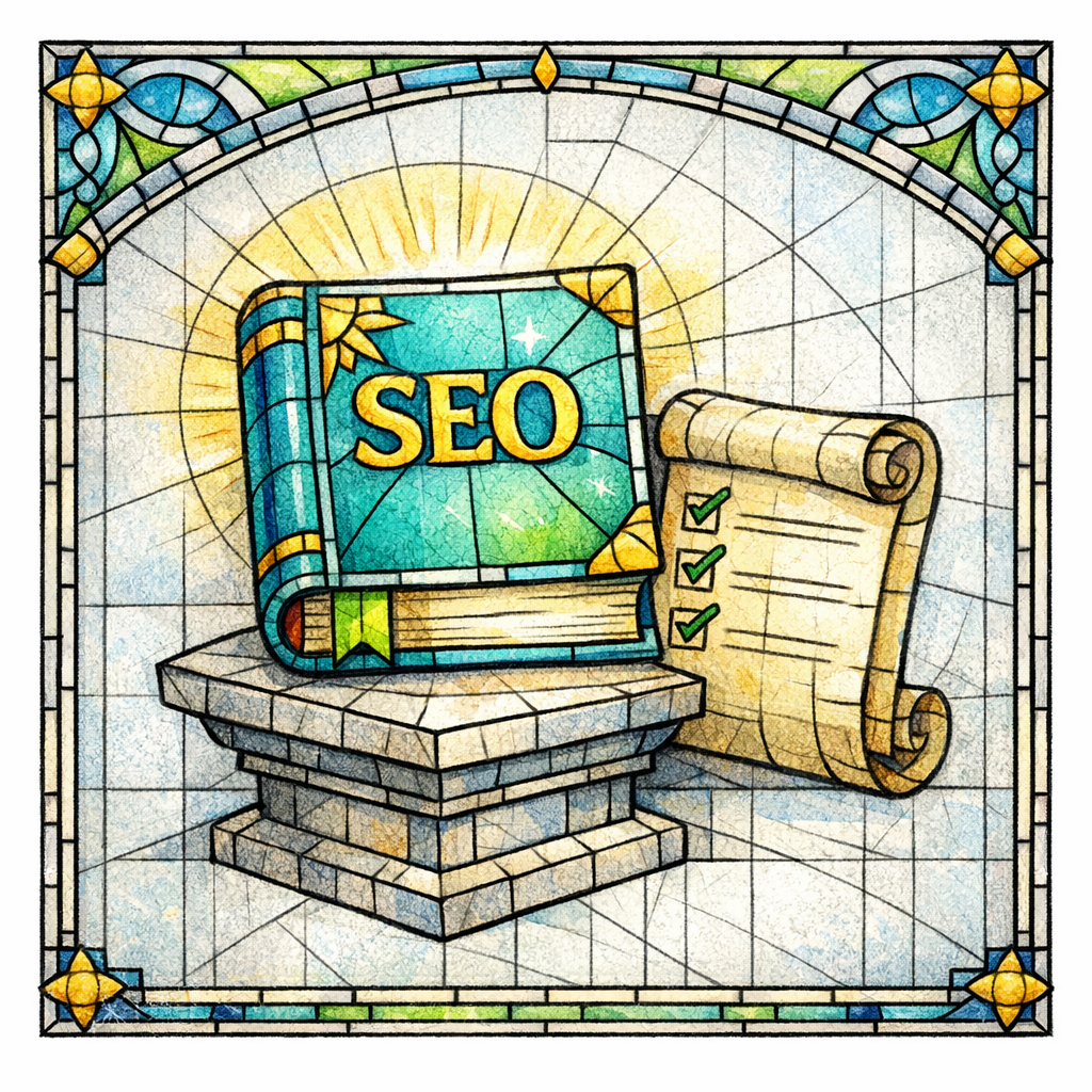 A stained-glass book on a pedestal symbolizes an SEO bible next to a simple audit checklist scroll.