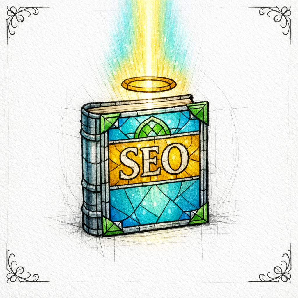 A stained-glass book emits a guiding light beam, symbolizing a practical checklist for trustworthy healthcare SEO.