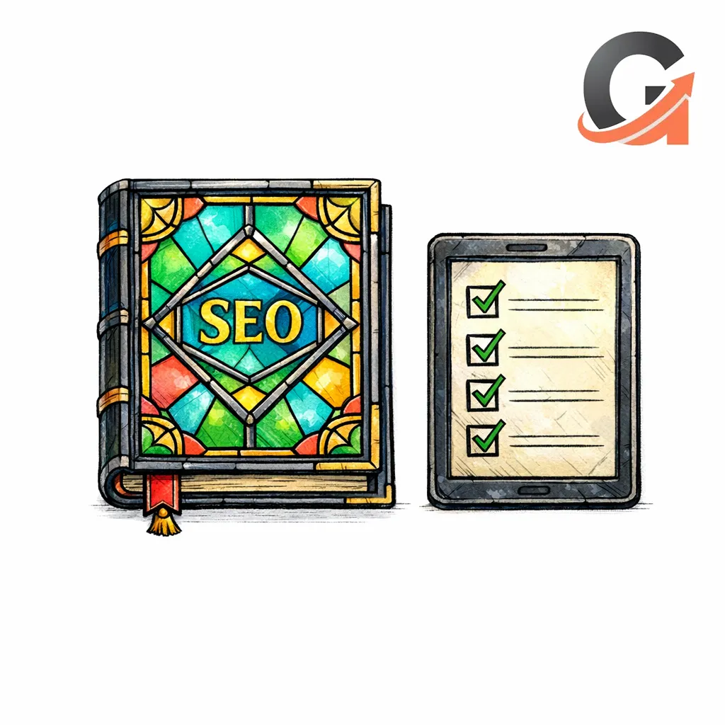 A stained-glass book and checklist represent an intake-first content system built with tongue-in-cheek holy authority.