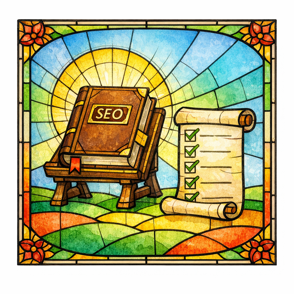A holy book and a short checklist depict the conversion-focused steps to turn content into revenue.