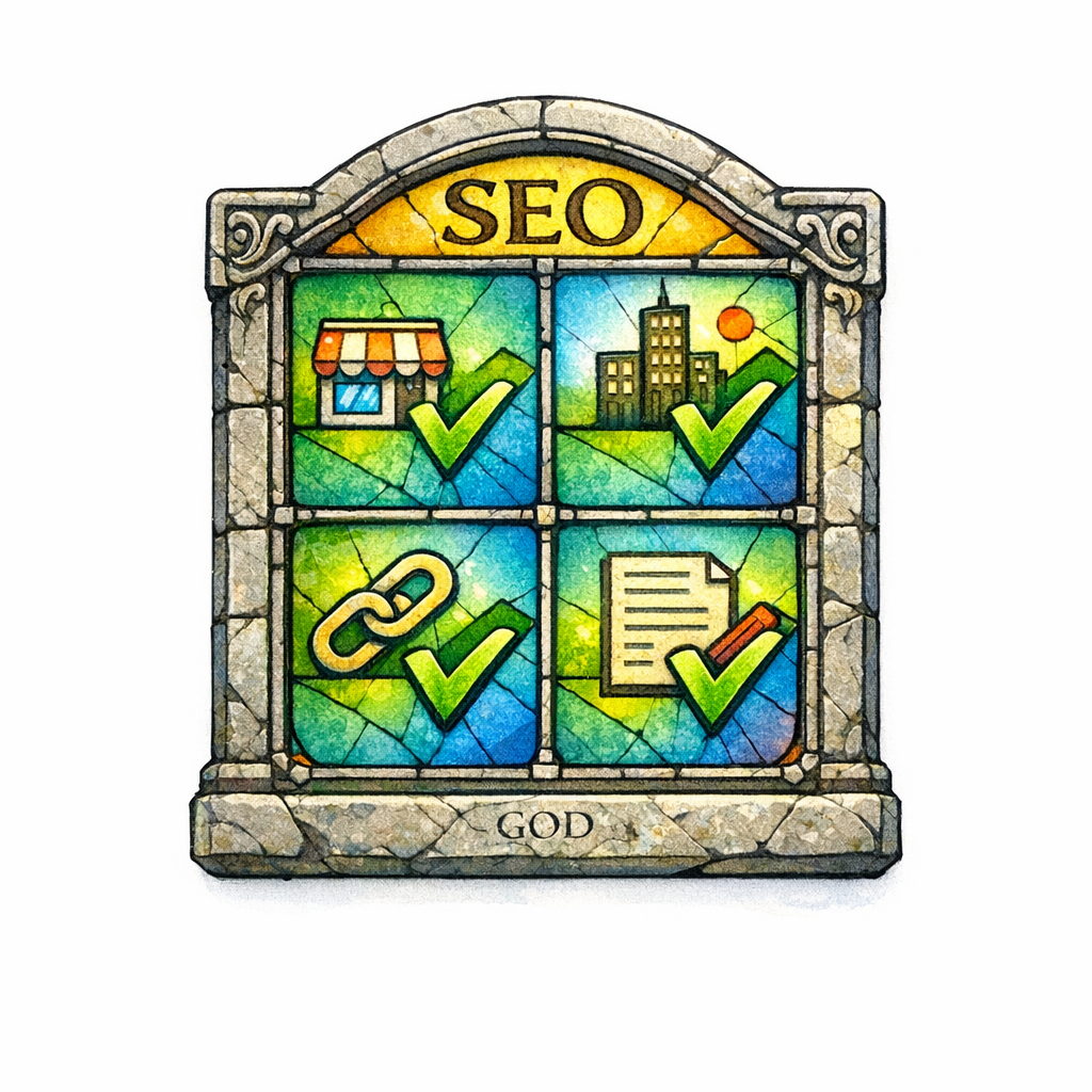 A stained-glass tablet holds a short checklist of the next right steps for local SEO content planning.