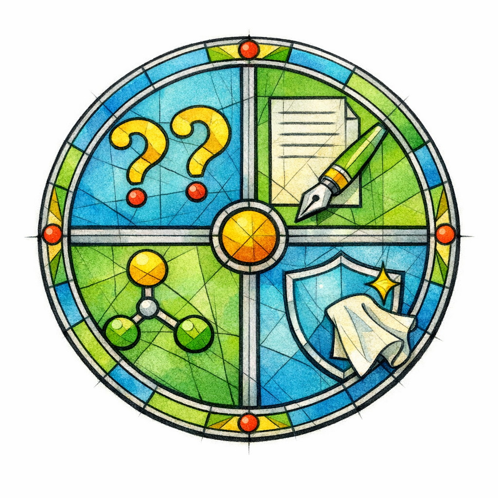 A stained-glass calendar wheel shows four weeks as icons for questions, publish, expand, and refine.