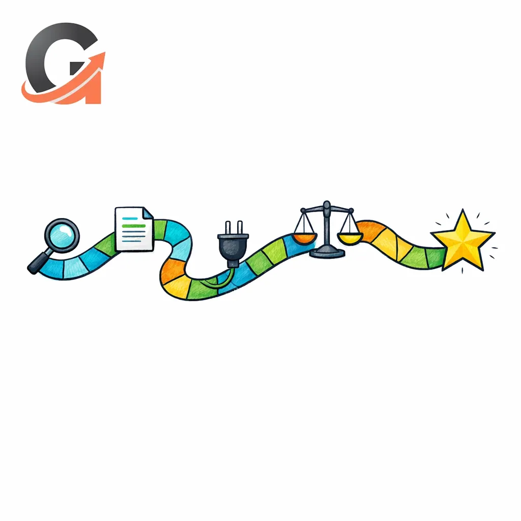 A stained-glass path connects icons for search, docs, integrations, and comparison before a final decision node.