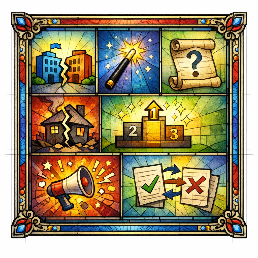 A stained-glass panel shows seven small icons representing common mistakes that quietly kill visibility.