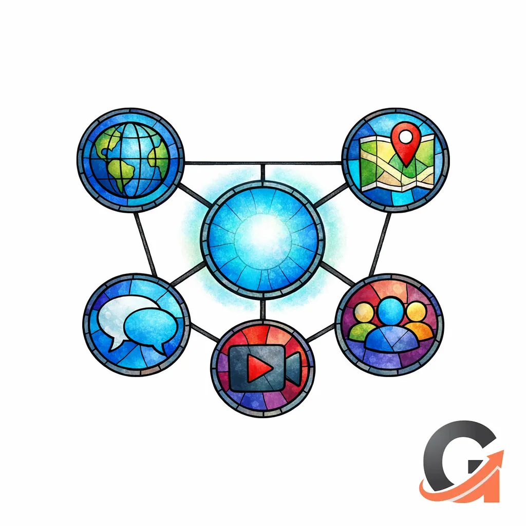 A stained-glass central hub connects to multiple channels to show unified messaging across surfaces.